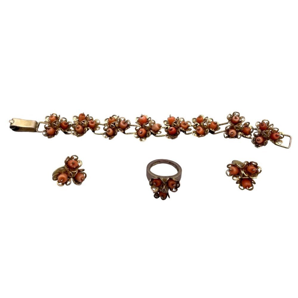 Vintage Coral Gold Tone Bracelet Clip on Earrings and Ring Set Size 4
